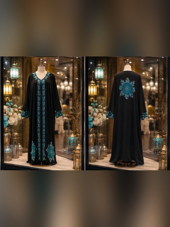 Other - Embroidered Black Kimono Kaftan Duster with Turquoise Accents 🩵